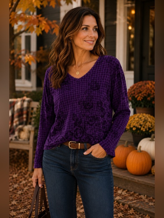 Coldwater Creek Tops - Coldwater Creek Purple Floral Textured Long Sleeve Top Houndstooth XL